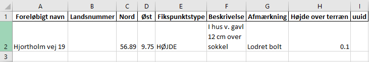 Opret nye punkter, excel-visning